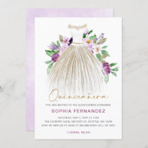 Purple gold glitter Floral Dress Quinceañera Invitation