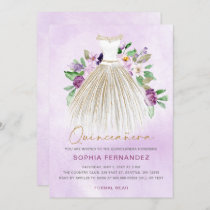 Purple gold glitter Floral Dress Quinceañera Invitation