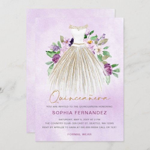 Purple gold glitter Floral Dress Quinceaera Invitation