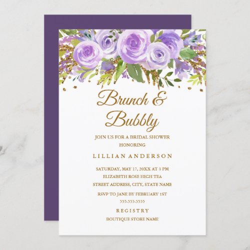 Purple Gold Glitter Floral Rose Brunch And Bubbly Invitation