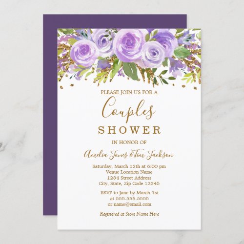 Purple Gold Glitter Floral Rose Couples Shower Invitation