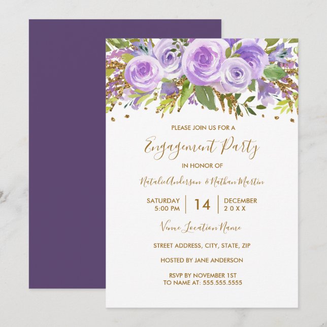 Purple Gold Glitter Floral Rose Engagement Party Invitation (Front/Back)