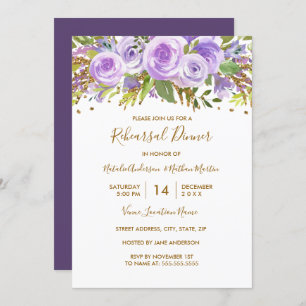 Purple Gold Glitter Floral Rose Rehearsal Dinner Invitation