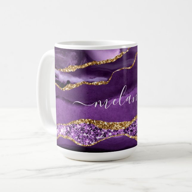 Purple Gold Glitter Geode Custom Name Coffee Mug (Front Left)