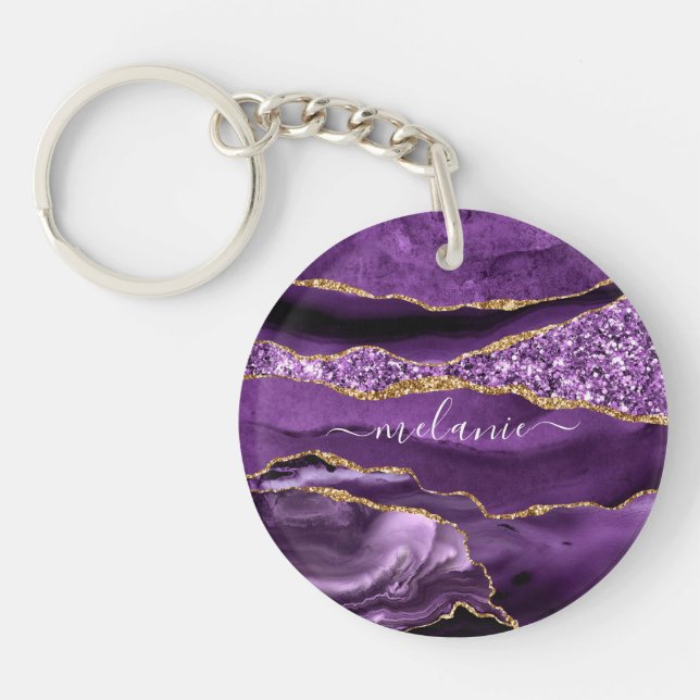Purple Gold Glitter Geode Custom Name Keychain (Front)