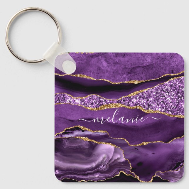 Purple Gold Glitter Geode Kaychain Custom Name Keychain (Front)