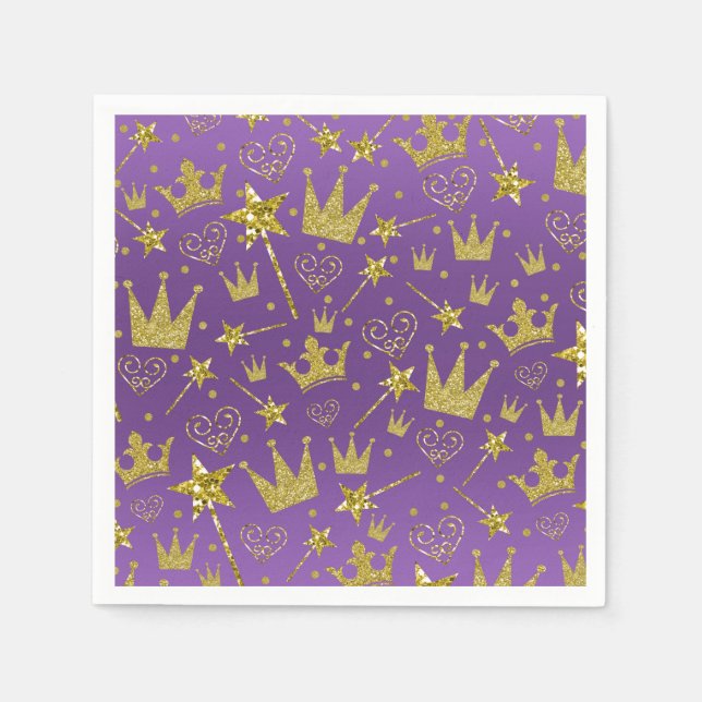 Purple & Gold Glitter Girls Princess Party Napkins (Front)