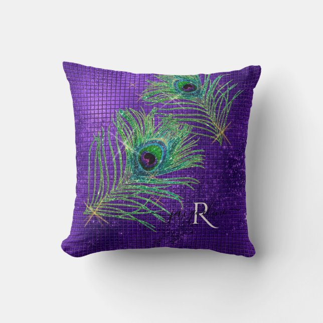 Purple Gold Glitter Girly Modern Peacock Feathers Throw Pillow (Front)