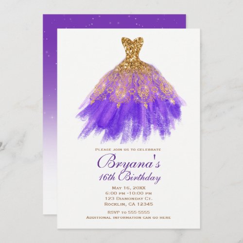 Purple  Gold Glitter Glam Dress Sweet 16 Party Invitation