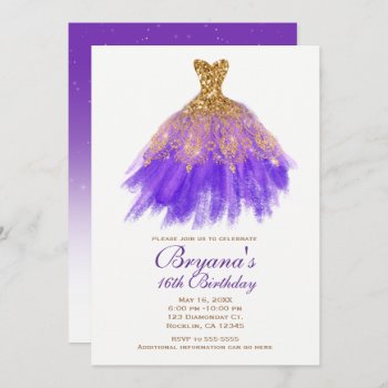 Purple & Gold Glitter Glam Dress Sweet 16 Party Invitation by printabledigidesigns at Zazzle