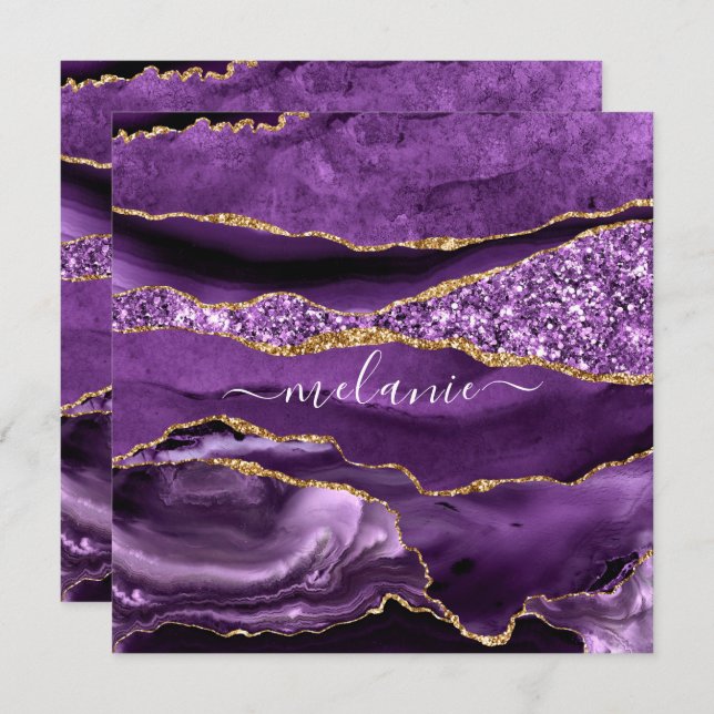 Purple Gold Glitter Greeting Card Personalize Name (Front/Back)