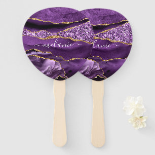 Purple Gold Glitter Hand Fan with Custom Name
