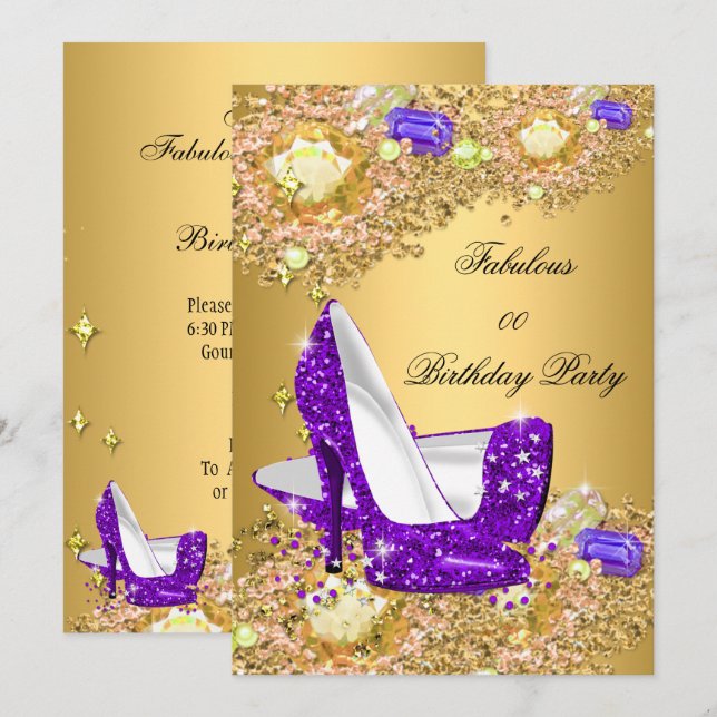 Purple Gold Glitter High Heels Fabulous Party Invitation (Front/Back)