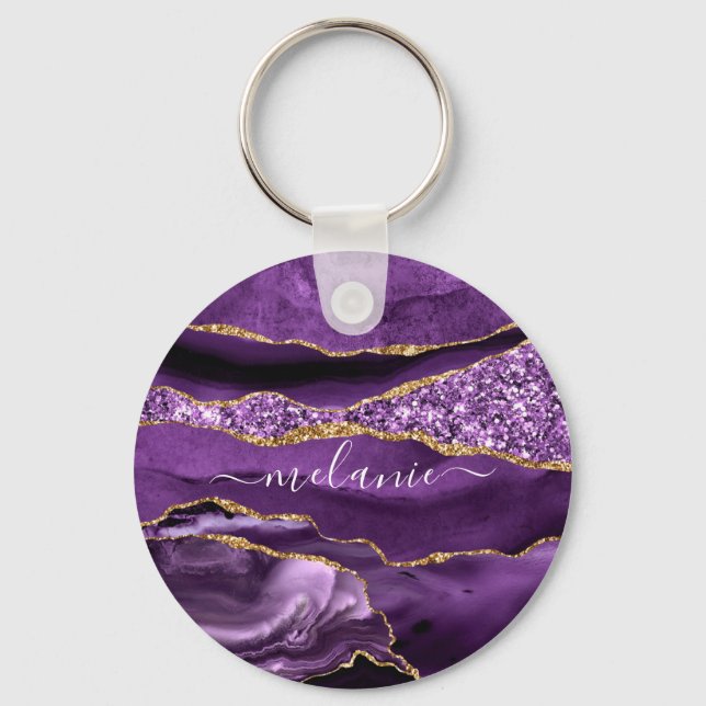 Purple Gold Glitter Keychain Gift Custom Name (Front)