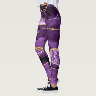 Purple Gold Glitter Leggings with Custom Name