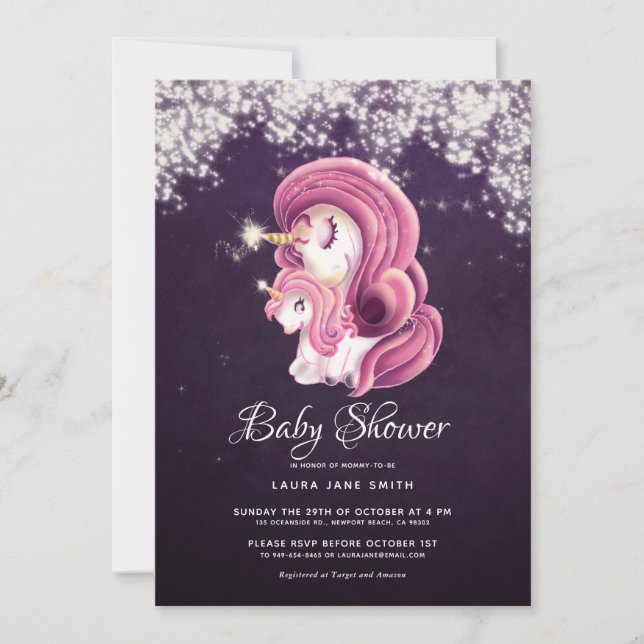 Purple Gold Glitter Magical Unicorns Baby Shower   Invitation (Front)