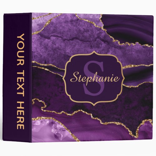 Purple  Gold Glitter Marble Agate Monogram 3 Ring Binder