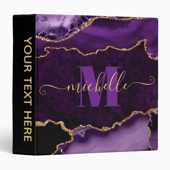 Purple & Gold Glitter Marble Agate Monogram 3 Ring Binder (Front/Spine)