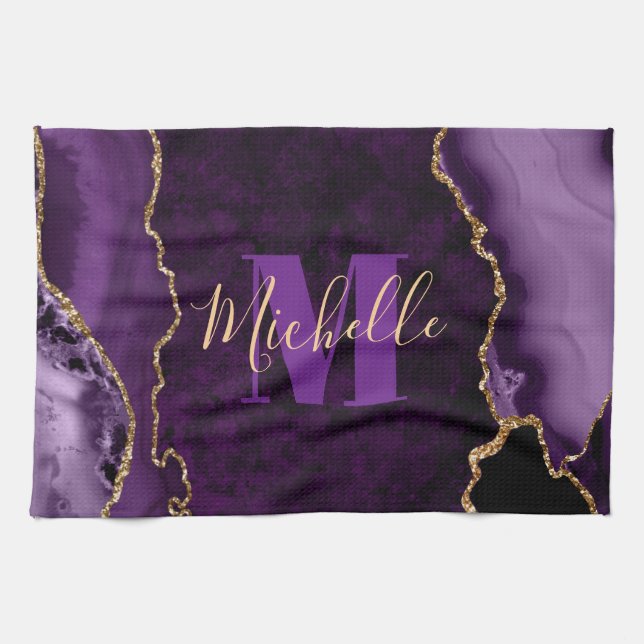 Purple & Gold Glitter Marble Agate Monogram Kitchen Towel (Horizontal)