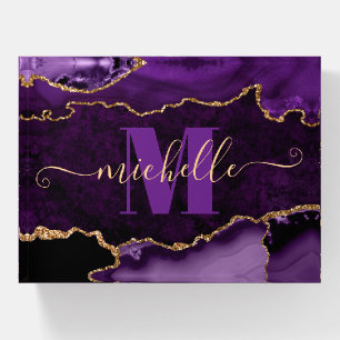 Purple & Gold Glitter Marble Agate Monogram Paperweight