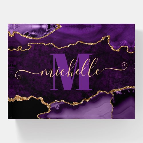 Purple  Gold Glitter Marble Agate Monogram Paperweight