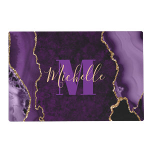 Purple & Gold Glitter Marble Agate Monogram Placemat