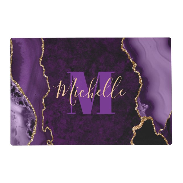 Purple & Gold Glitter Marble Agate Monogram Placemat (Front)