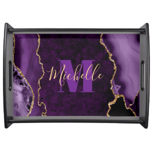 Purple & Gold Glitter Marble Agate Monogram Serving Tray
