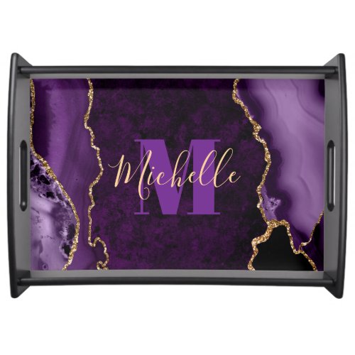 Purple  Gold Glitter Marble Agate Monogram Serving Tray