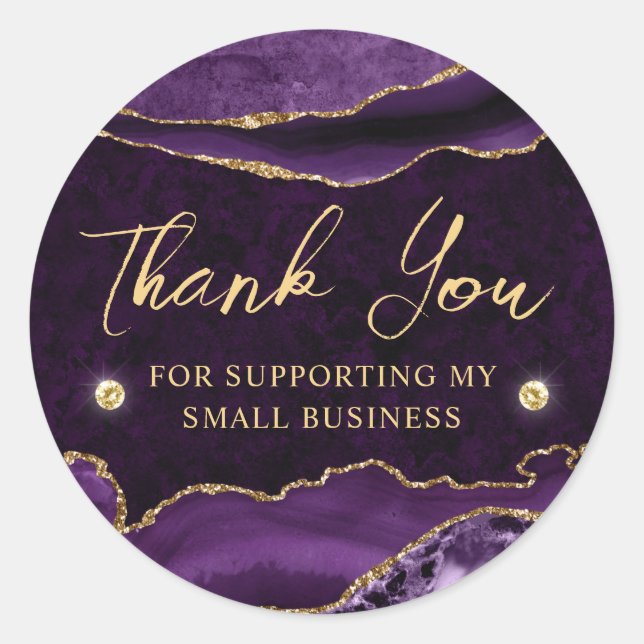 Purple & Gold Glitter Marble Agate Small Business Classic Round Sticker (Front)