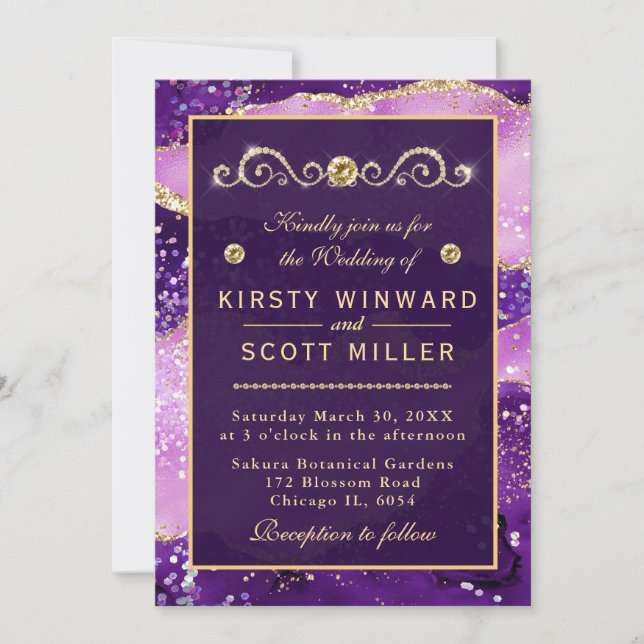 Purple & Gold Glitter Marble Agate Wedding Invitation (Front)
