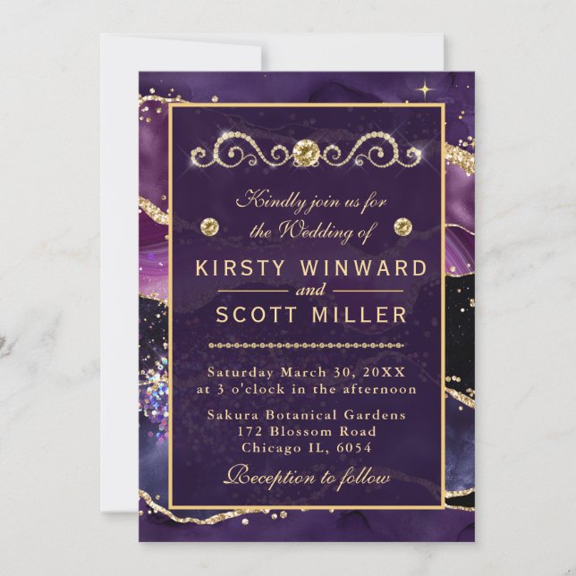 Purple & Gold Glitter Marble Agate Wedding Invitation (Front)