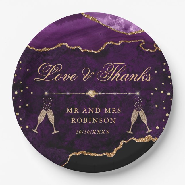 Purple & Gold Glitter Marble Agate Wedding Paper Plates (Front)