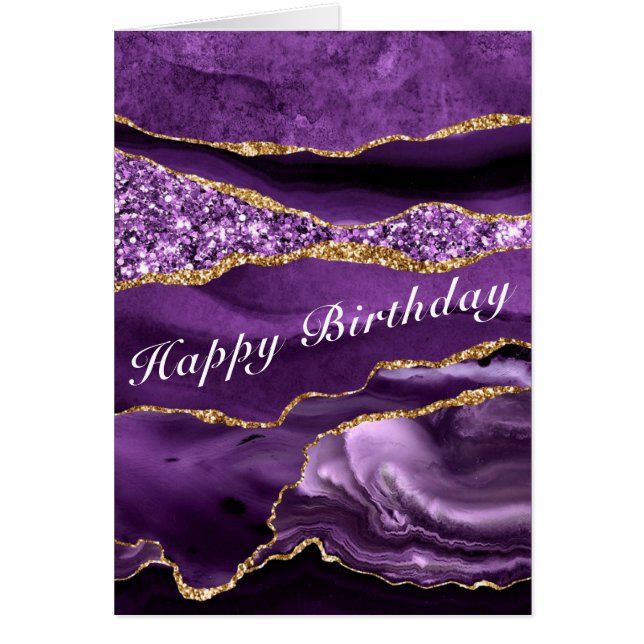 Purple Gold Glitter Marble Birthday Card (Front)