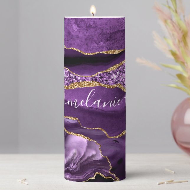 Purple Gold Glitter Marble Candle with Custom Name (In Situ)