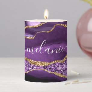 Purple Gold Glitter Marble Candle with Custom Name