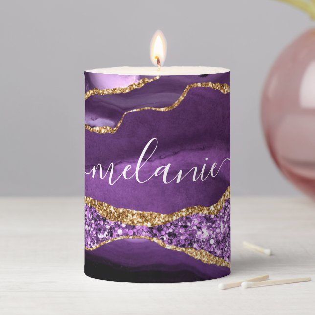 Purple Gold Glitter Marble Candle with Custom Name (In Situ)