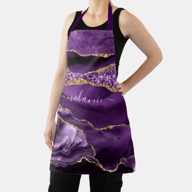 Purple Gold Glitter Marble Custom Name Apron (Insitu)