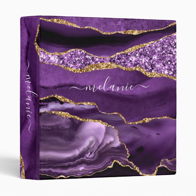 Purple Gold Glitter Marble Custom Name Binder (Front/Spine)