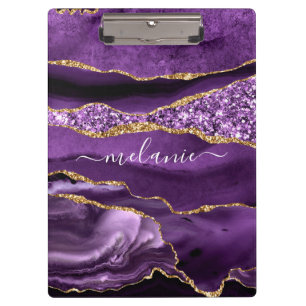 Purple Gold Glitter Marble Custom Name Clipboard