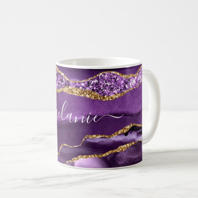 Purple Gold Glitter Marble Custom Name Coffee Mug (Front Right)