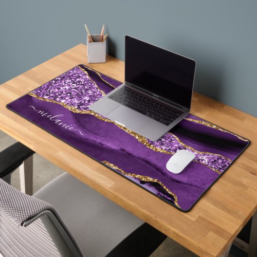 Purple Gold Glitter Marble Custom Name Desk Mat