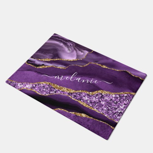 Purple Gold Glitter Marble Custom Name Doormat