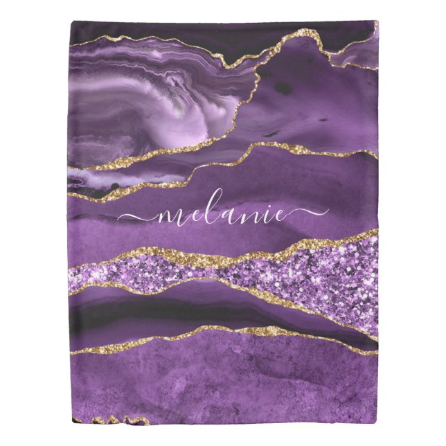Purple Gold Glitter Marble Custom Name Duvet Cover (Front)
