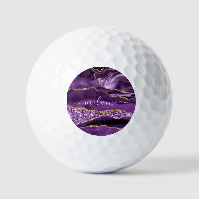 Purple Gold Glitter Marble Custom Name Golf Balls (Front)