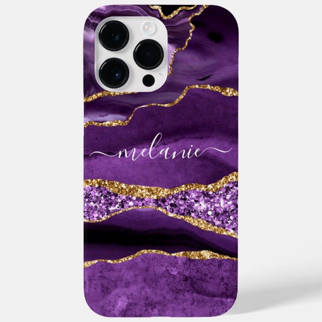 Purple Gold Glitter Marble Custom Name iPhone Case (Back)