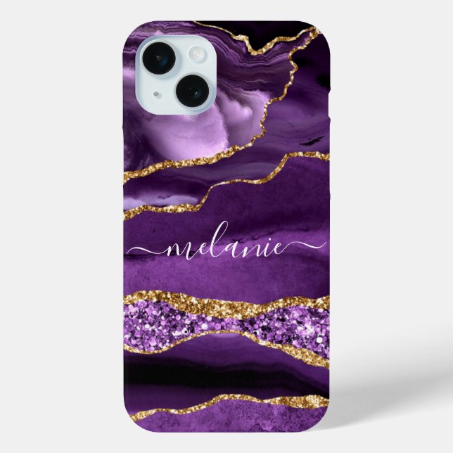 Purple Gold Glitter Marble Custom Name iPhone Case (Back)