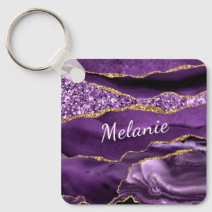 Purple Gold Glitter Marble Custom Name Keychain