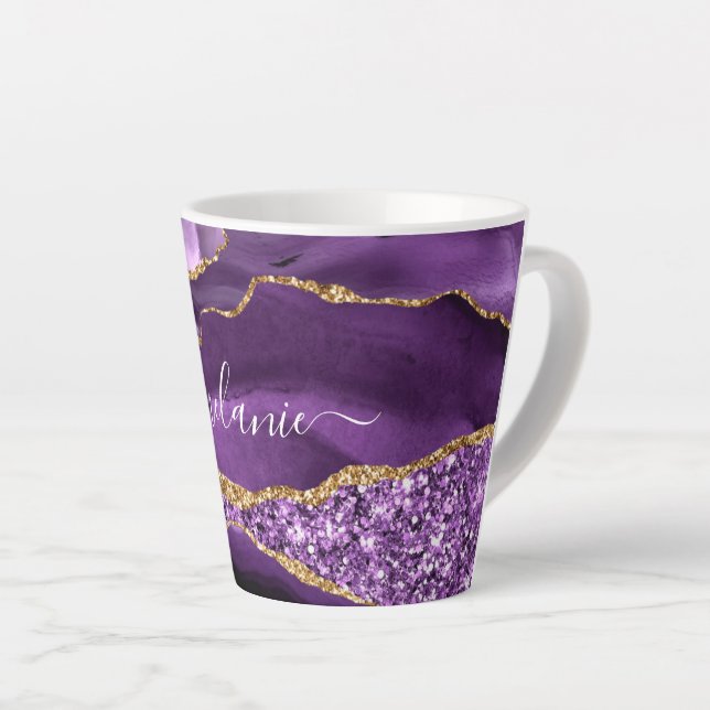 Purple Gold Glitter Marble Custom Name Latte Mug (Right Angle)