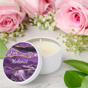 Purple Gold Glitter Marble Custom Name Mini Candle Favors